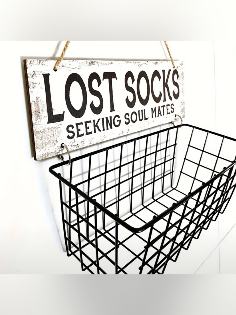 Black Wire Lost Socks Basket with Sign